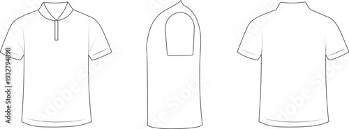 Men polo shirt outline template in front, side, and back view. Classic short sleeve design with collar and placket detail. Clean line art vector illustration for fashion catalog and retail branding.