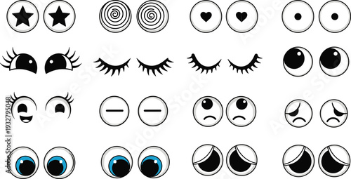Vector Cartoon Eyes Collection, Cute Emoji Eye Expressions Set, Character Design Elements, Hand Drawn Comic Eyes for Emoticons and Illustrations