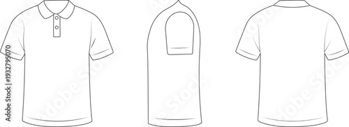 Men polo shirt outline template in front, side, and back view. Classic short sleeve design with collar and button placket detail. Clean line art vector illustration for fashion catalog and retail bran