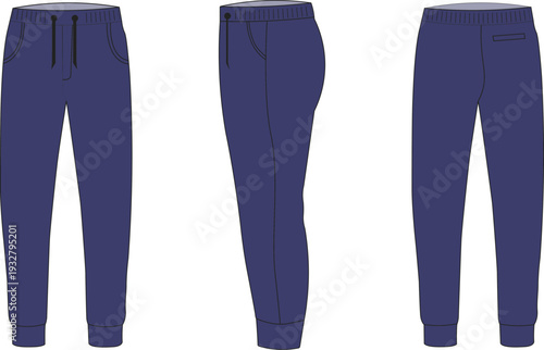Men jogger pants template set in front, side, and back view. Athletic sweatpants design with elastic waistband and cuff detail. Clean flat vector illustration for fashion catalog and sportswear brandi