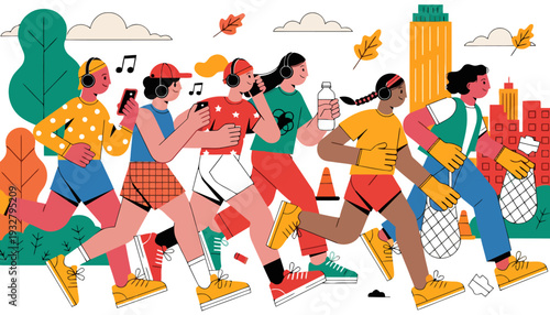 Diverse group of friends jogging together in city during autumn