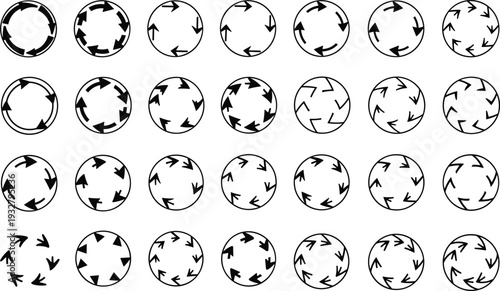 Set of circular arrow icons, black rotation symbols for process cycle, refresh and recycle signs, vector loading loop elements on white.