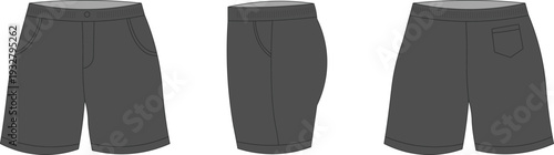 Men athletic shorts template set isolated on light background. Front, side, and back view garment mockup for sportswear design. Clean flat vector illustration ideal for fashion catalog and retail bran