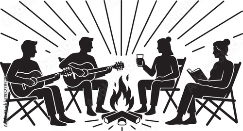 Friends camping around bonfire silhouette vector, outdoor guitar music storytelling and night adventure illustration