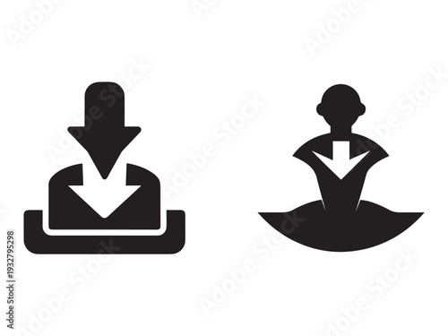 Download and upload icons  two black silhouettes with arrows pointing down on white background  symbols for file transfer and data exchange