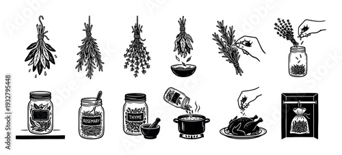 Set of black and white herb icons in a hand-drawn linocut style showing culinary preparation like drying, storing in jars, and seasoning food, isolated on a white background