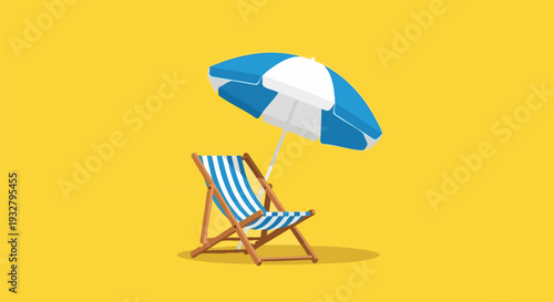 Beach Chair and Blue Striped Umbrella Vector Illustration on Yellow Background