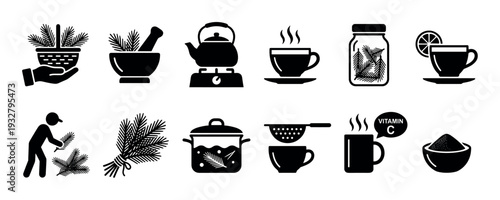 Collection of black silhouette icons illustrating pine needle tea preparation, from gathering ingredients to enjoying a steaming cup, isolated on a white background