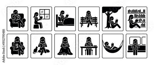 Black stick figure icon set showing a woman reading a book in various locations like home, park, library, and transport, representing leisure, hobby, and education, isolated on white