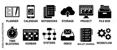 Black glyph icon set for productivity and project management, featuring symbols for a planner, calendar, kanban board, workflow gears, and cloud storage, isolated on a white background