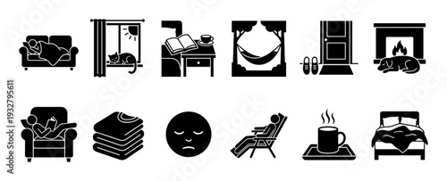 Set of black glyph icons representing relaxation, comfort, and cozy home life, including sleeping, reading, a fireplace, a hammock, and a hot drink, isolated on a white background