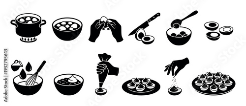Deviled eggs recipe step-by-step icon set showing the cooking process from boiling to serving, a black silhouette culinary guide illustration isolated on white background