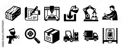 Set of black manufacturing and production icons showing the industrial process from raw material, design, and fabrication to logistics, packaging, and delivery, isolated on white