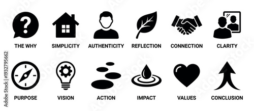 Set of twelve black business icons representing core values like purpose, vision, action, and impact, presented in a minimalist flat vector style isolated on a white background
