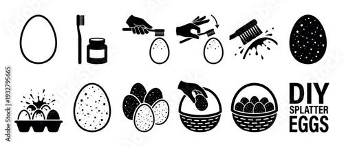 DIY splatter egg decorating instruction icon set showing the process of painting with a toothbrush for a speckled effect, isolated on a white background
