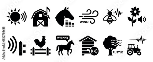 Set of black glyph icons representing farm and nature sounds like whinny, rustle, and buzz, featuring animals, weather, and machinery in a minimalist vector style on white