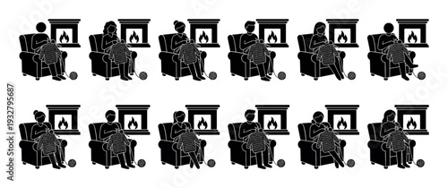 Seamless black and white pattern of people knitting in armchairs by a cozy fireplace, a repeating vector illustration of a relaxing hobby at home during winter isolated on white