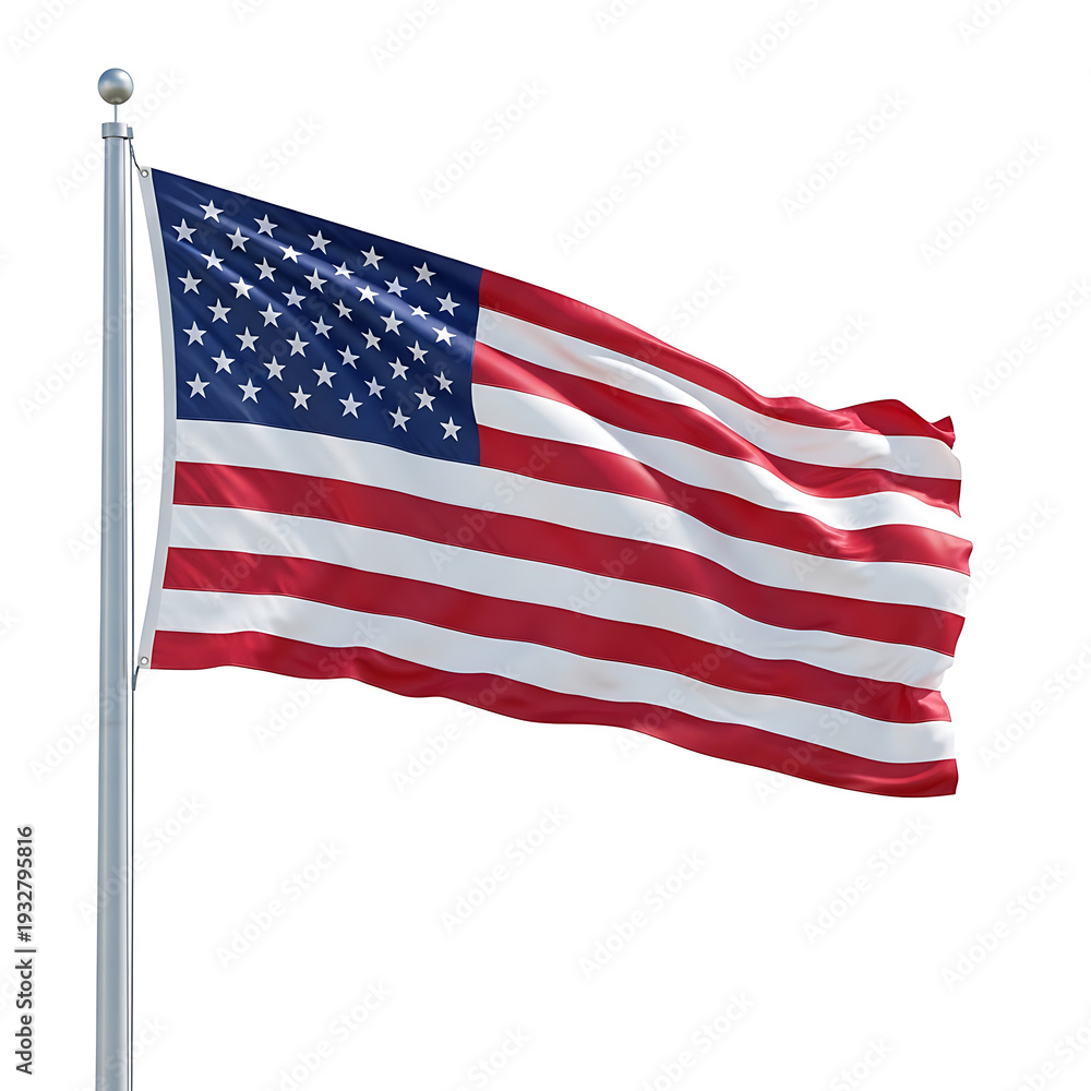 Fototapeta premium The American flag waving in the wind on a silver pole