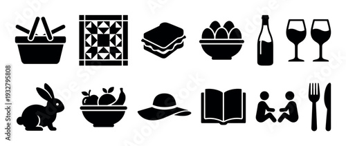 Set of black picnic glyph icons showing a basket, blanket, sandwich, wine, fruit, and book for outdoor leisure activities, isolated on a white background