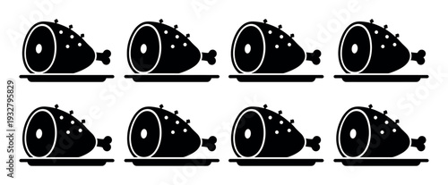 Black silhouette icon of a holiday ham on a platter arranged in a seamless repeating pattern, a minimalist graphic vector illustration for festive food concepts isolated on white
