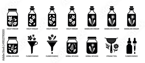 Herbal vinegar and flower essence icon set showing various infusions with violet and dandelion in bottles and jars, isolated on a clean white background for a minimalist design