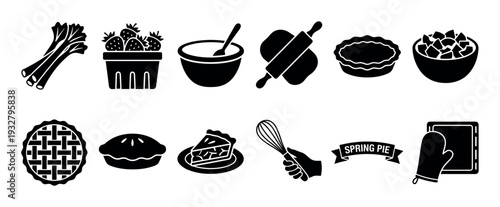 Set of black baking glyph icons for making a fruit pie, including rhubarb, strawberries, a rolling pin, mixing bowl, whisk, and a finished lattice crust dessert, isolated on white