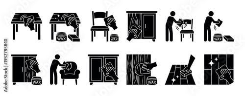 Furniture waxing and polishing black glyph icons showing a person cleaning and restoring wooden surfaces like tables, chairs, and floors, isolated on a white background