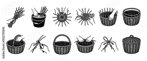 Basket weaving instruction icons set showing the handmade craft process from soaking willow twigs to finishing a wicker container with a lid, isolated on a white background