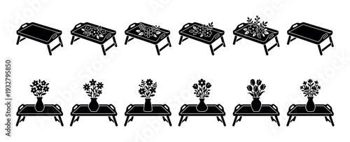 Set of black breakfast tray icons with floral patterns and vases of flowers in a minimalist silhouette style isolated on a white background for design elements