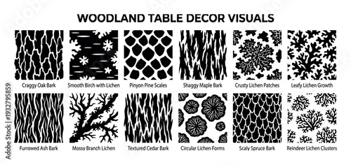 Set of twelve black and white graphic patterns showing different types of tree bark and lichen textures for woodland decor, presented as a collection of square icons on a white background