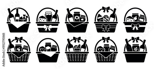 Black gift basket icons set showing various hampers filled with gourmet food, wine bottles, cheese, and jam jars, presented in a simple silhouette vector style isolated on white