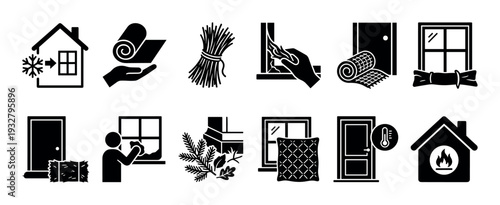 Black glyph icon set for home winterization, illustrating insulation, weatherstripping, draft proofing, and heating methods for energy conservation during the cold season