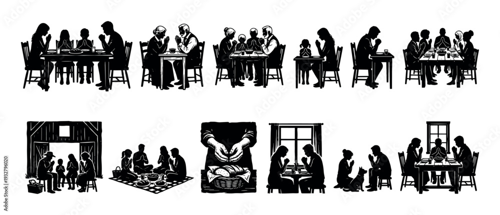 Obraz premium Collection of black woodcut style illustrations showing diverse people and families praying before a meal at a dinner table or picnic, isolated on a white background