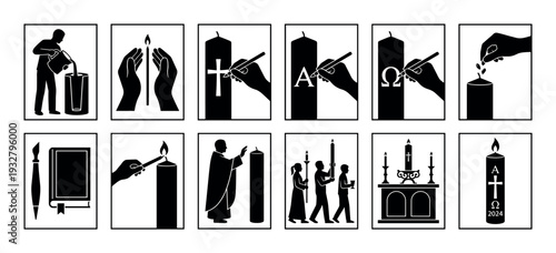 Christian religious icons for Paschal candle preparation showing the steps of making, carving, blessing, and lighting for the Easter Vigil ceremony, isolated on white