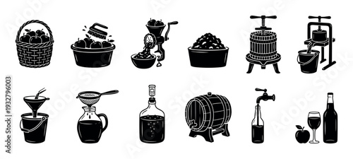 Cider making process black silhouette icon set showing the steps from apple harvesting to fermentation and bottling, isolated on a white background