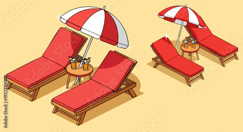 Set of 2 Red Beach Lounge Chairs with Umbrellas Vector