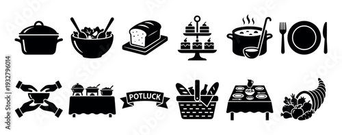 Set of black potluck dinner icons showing food, sharing, and community concepts like soup, salad, buffet, and cornucopia, presented as a simple glyph collection isolated on white