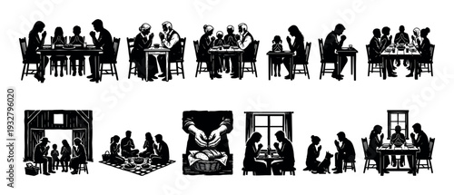 Collection of black woodcut style illustrations showing diverse people and families praying before a meal at a dinner table or picnic, isolated on a white background