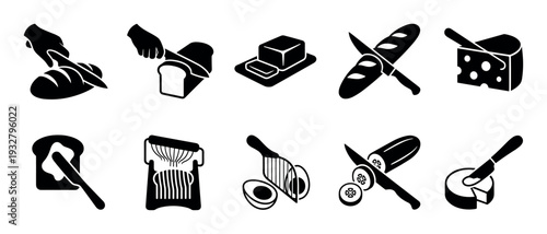 Black food preparation and cutting icons set showing slicing bread, butter, cheese, egg, and cucumber for breakfast or lunch, isolated on a white background