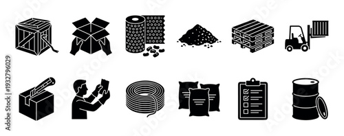 Logistics and shipping black glyph icons set showing crate, pallet, forklift, box, barrel, and packing materials, isolated on a white background