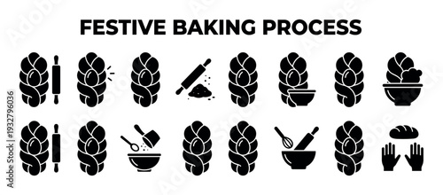 Festive baking process black glyph icons set showing steps for making traditional braided bread, including dough, rolling pin, and bowl, isolated on white background