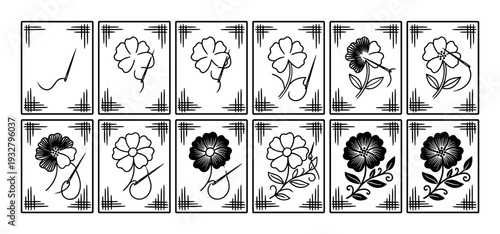 Step-by-step embroidery process illustration set showing a flower being stitched with a needle and thread in twelve sequential frames with decorative borders, isolated on white