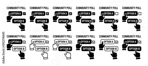 Community poll vector icon set showing a hand cursor selecting an answer in a survey, with various states including checkmarks, crosses, and empty boxes for voting and feedback