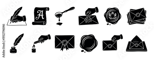 Set of black vintage letter writing icons showing quill pens, wax seals, envelopes, and parchment scrolls in a classic silhouette style isolated on a white background
