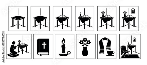 Set of black minimalist icons depicting the preparation of a prayer altar or memorial corner with a table, book, candle, and flowers, isolated on a white background