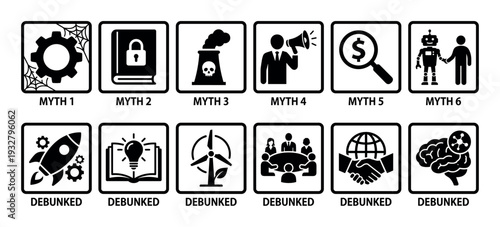 Collection of myth versus debunked concept icons showing misinformation versus truth, fact checking, and dispelling false beliefs in a simple black and white vector graphic style isolated on white