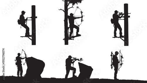 Hunter silhouette collection with bow and crossbow, outdoor wildlife adventure archery illustration set