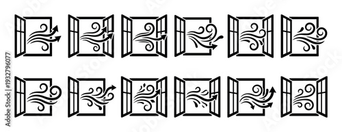 Set of black ventilation window icons showing air flow direction with arrows and swirls, a graphic symbol collection for fresh air and circulation isolated on a white background