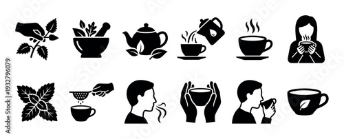 Black herbal tea making and drinking icons showing the process from picking leaves to enjoying a hot beverage, a simple glyph vector illustration set isolated on white background