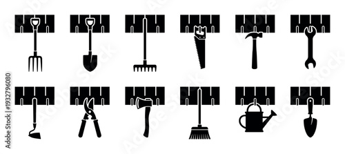 Set of black silhouette garden and workshop tools hanging on a wall rack in a minimalist graphic icon style, isolated on a white background